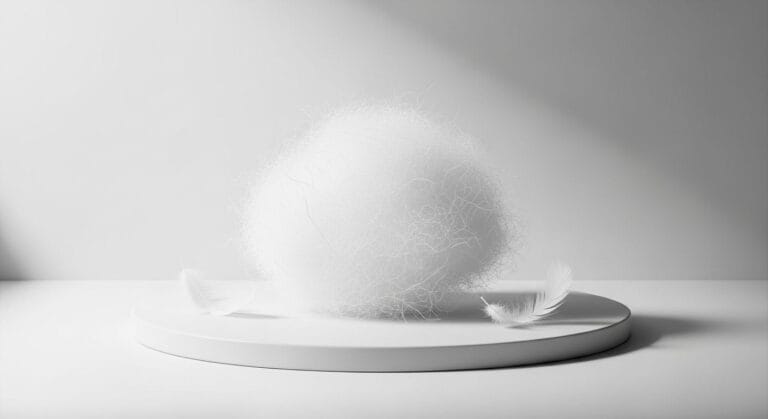 Ein bauschiger, weißer Büschel feiner Daunen, sitzt auf einer runden weißen Plattform, begleitet von zwei zarten weißen Federn, alles vor einem minimalistischen grauen Hintergrund mit sanfter Beleuchtung.