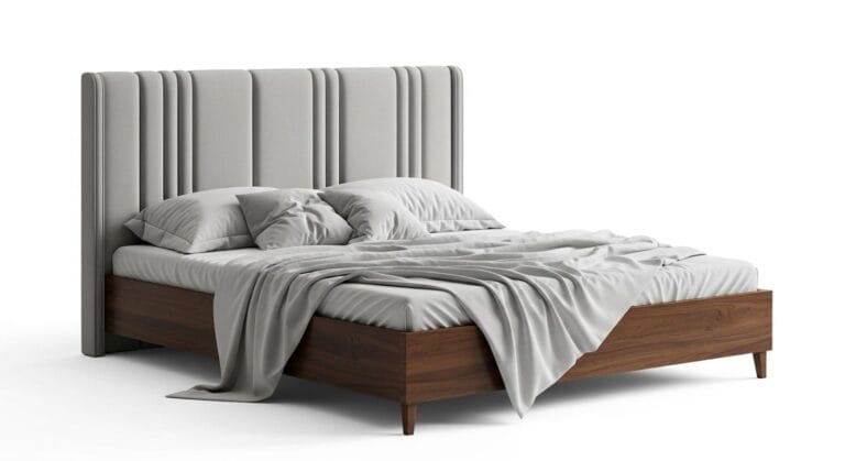 Ein modernes, braunes Bett mit einem Massivholzbettgestell und hohem, gepolstertem Kopfteil.