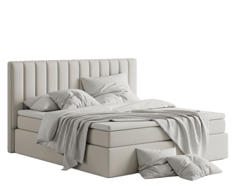 Ein modernes, elegantes, cremefarbenes Boxspringbett mit hohem, gepolstertem, gestepptem Kopfteil.